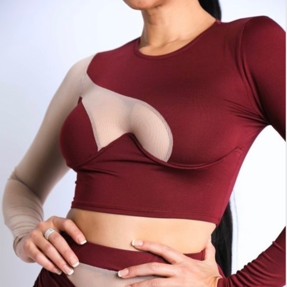 NEW TRENDY LONG SLEEVE WIRE BRA CROP TOP AND MIDI MESH BODYCON SKIRT SET - Picture 2 of 8